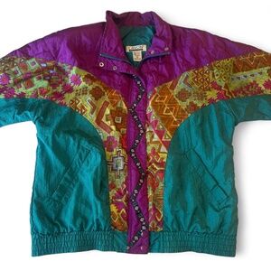 Vintage 80s 90s Lavon Nylon Windbreaker Petite Medium Purple Teal Brown Pattern